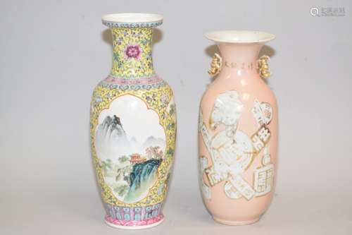 Two 19-20th C. Chinese Famille Rose Vases