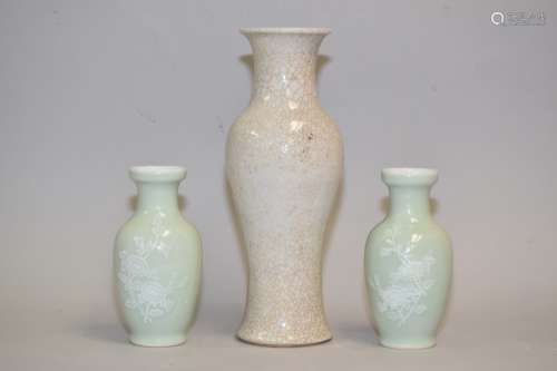 Pr. of 19-20th C. Chinese Pea Glaze and Faux Ge Glaze Vases
