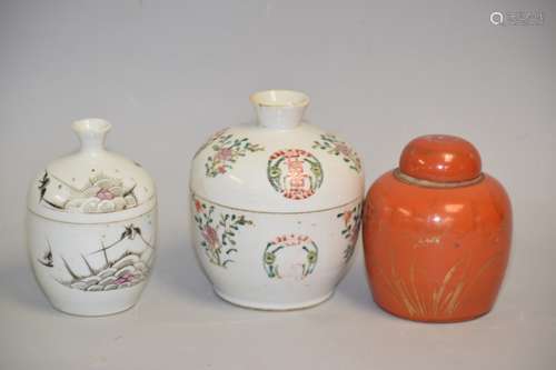 Three 19th C. Chinese Famille Rose Covered Jars