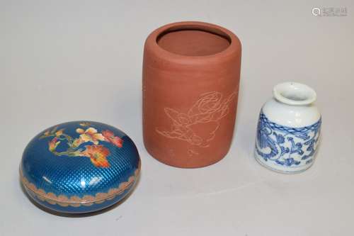 19-20th C. Chinese Cloisonne Box, YiXing ZiSha Brush Pot