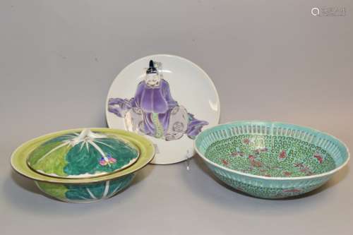 Three 19-20th C. Chinese Famille Rose Wares