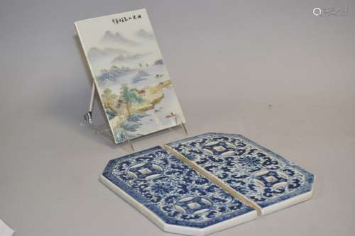 Three 19-20th C. Chinese Porcelain Plaque and Tiles