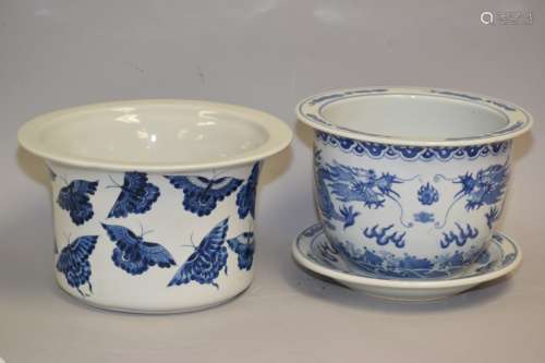 Two 19-20th C. Chinese Blue and White Flower Pots