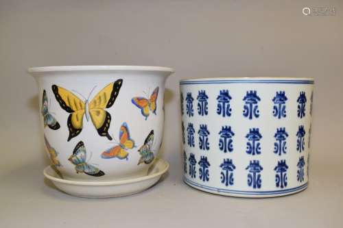 19th C. Chinese B&W Brush Pot and 20th C. Famille Rose Flower Pot