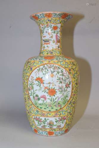 19th C. Chinese Yellow Glaze Famille Rose Vase