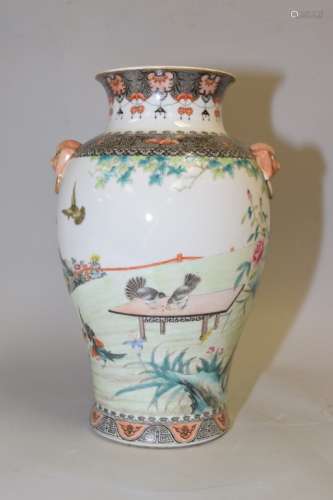 20th C. Chinese Famille Rose Lion Ear Vase