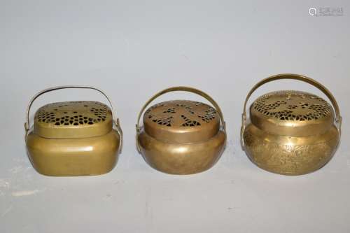 Three 19-20th C. Chinese Bronze Hand Warmers