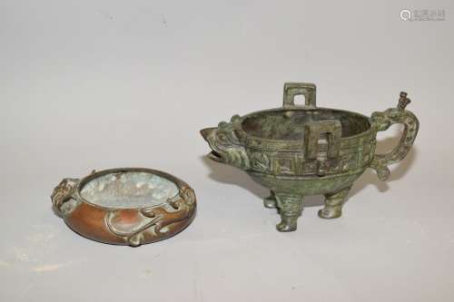 19-20th C. Chinese Bronze Brush Washer and Zun