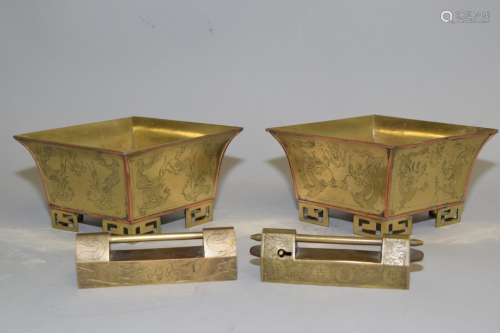 Pr. of 19th C. Chinese Bronze Flower Pots and Lock
