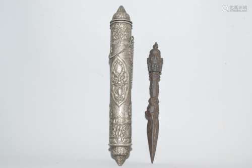 19th C. Chinese Tibetan Metal Scepter and Silver Sculpture Holder