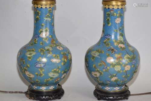 Pr. of 19th C. Chinese Cloisonne Bulbous Vase Lamps