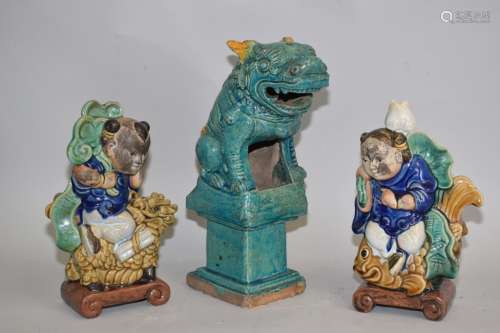Two Chinese Pottery HeHe Deities and Glazed Lion