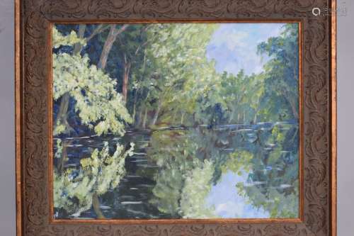 Lake Scenery Oil Painting, Signed Chris Hughes