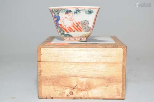 19th C. Chinese Wucai Erotica Cup, Wanli Mark