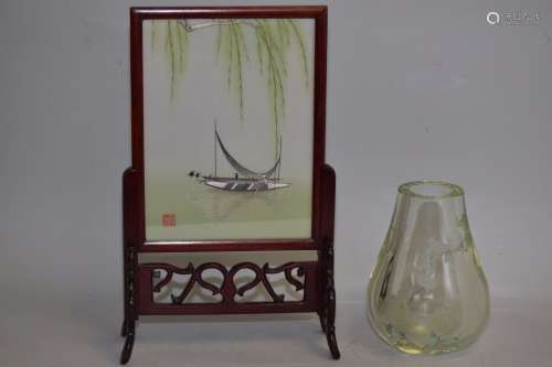 Chinese Embroidered Table Screen and Peking Glass Vase