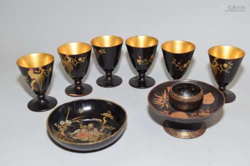 Group of 19-20th C. Japanese Gold Over Lacquer Wares