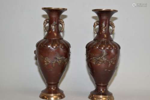 Pr. of 19-20th C. Japanese Bronze Relief Carved Vases
