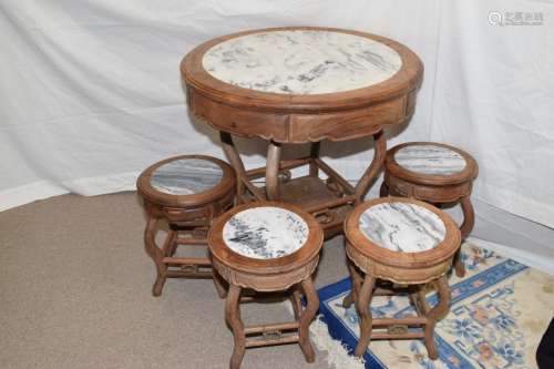 Set of Chinese Marble Inlay Rosewood Table and Stools