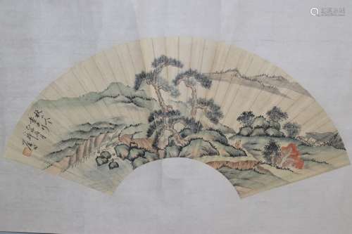 Chinese Watercolor Landscape Fan, Fu Ru Mark