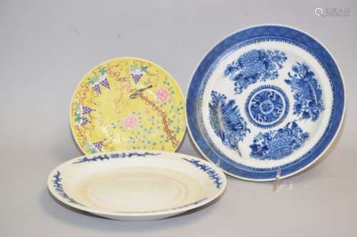 Three 19th C. Chinese Famille Rose and B&W Plates