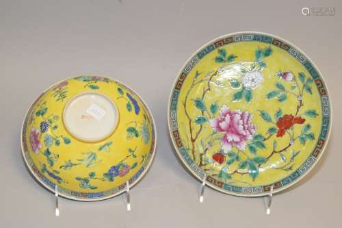Two 19th C. Chinese Yellow Glaze Famille Rose Ware