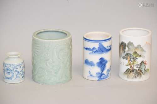 Three Chinese Porcelain Brush Pots and Water Holder