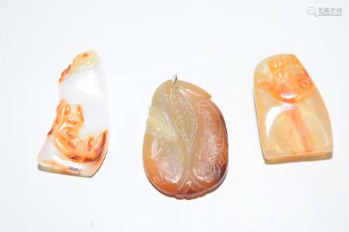 Three 19-20th C. Chinese Agate Carved Amulets