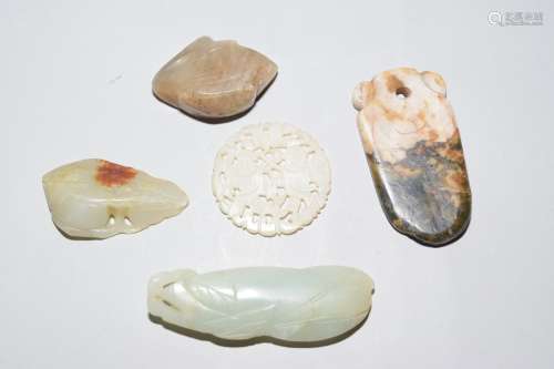 Five 19-20th C. Chinese Jade Carved Amulets