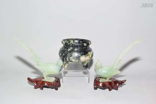 Pr. of Chinese Jade Carved Birds and Jade Censer