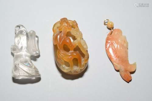 19th C. Chinese Rock Crystal and Two Agate Carved Amulets