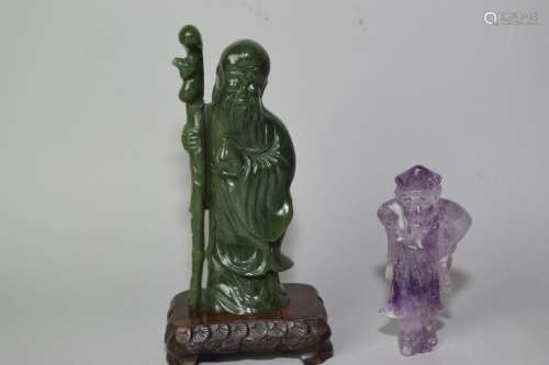 19th C. Chinese Spinach Jade and Purple Quartz Figures