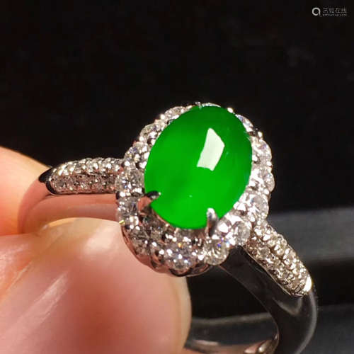 满绿翡翠戒指18k金伴钻石镶嵌