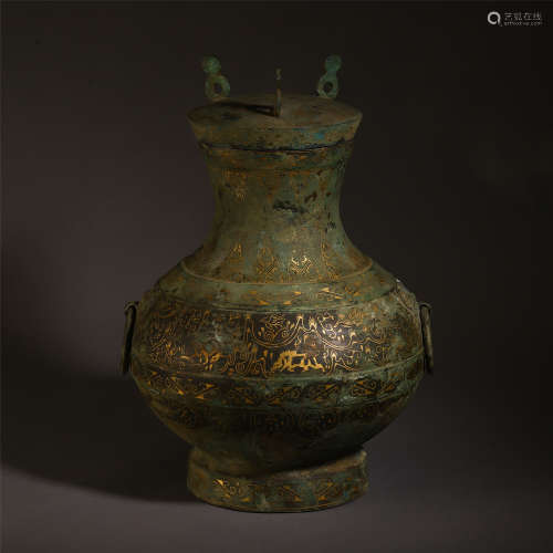 CHINESE ANCIENT BRONZE GOLE PAINTED CARVED BEAST VASE