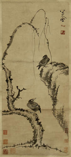 A CHINESE SCROLL PAINTING OF TWINS BIRD ON TREE SIGNED BY BADA SHANREN