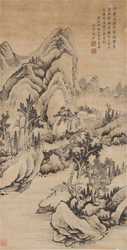 A CHINESE SCROLL PAINTING OF MOUNTAIN WITH CALLIGRAPHY BY FANG TINGXIAN