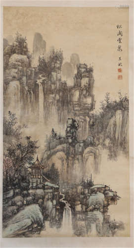 A CHINESE SCROLL PAINTING OF MOUNTIAN VIEWS SIGNED BY WANG JIU