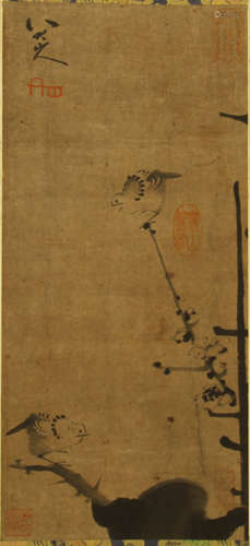 A CHINESE SCROLL PAINTING OF DOUBLE BIRDS SIGNED BY BADA SHANREN