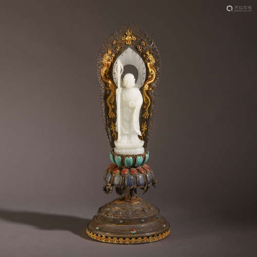 CHINESE GILT SILVER JADE CARVED STAND GUANYIN IN NICHE