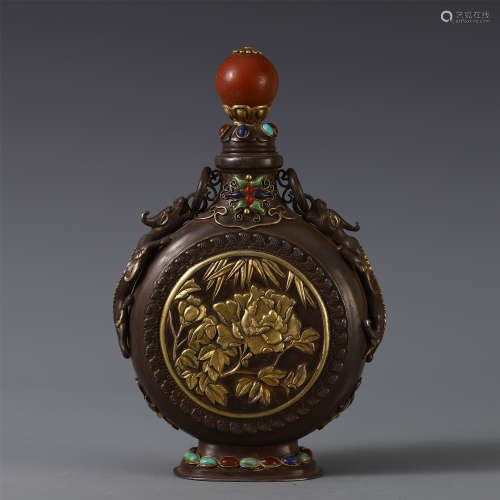 CHINESE SILVER CARVED INLAID GILT GEM STONE MOONFLASK