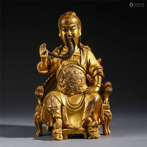 CHINESE GILT BRONZE CARVED SEATED GUANGONG WARRIOR