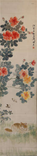 A CHINESE SCROLL PAINTING OF FLOWER BLOSSOMMING SIGNED BY WANG XUETAO