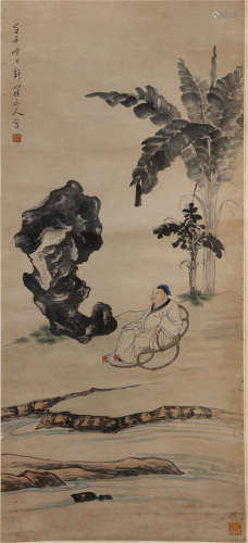 A CHINESE SCROLL PAINTING OF MAN NEAR RIVE BY XINLUO SHANREN