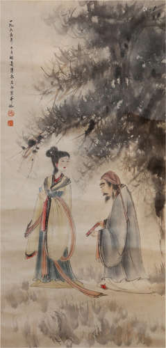 A CHINESE SCROLL PAINTING OF FIGURES UNDER THE TREE SIGNED BY FU BAOSHI