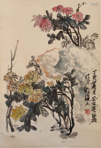 A CHINESE SCROLL PAINTING OF FLOWER ON ROCK BY WU CHANGSHUO