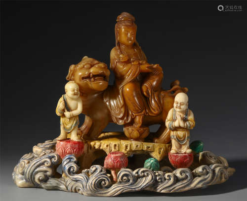 CHINESE SOAP STOUE CARVED  GUANYIN AND BOYS TABLE ITEM
