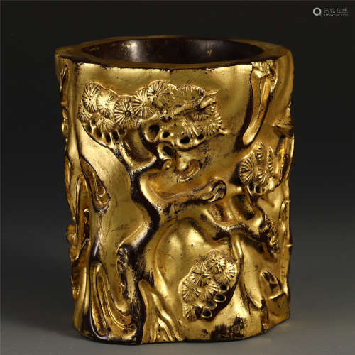 CHINESE ZISHA GILT LACQUERED CARVED BRUSHPOT