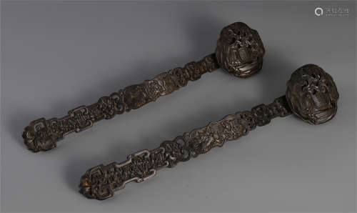 A PAIR OF CHINESE AGALWOOD CARVED FLOWER RUYI SCEPTER