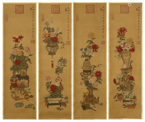 FOUR HANGING PAINTING SCROLLS OF FLOWER BLOSSOMMING BY CIXI