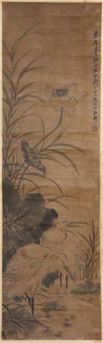 A CHINESE SCROLL PAINTING OF LOTUS BLOSSOMMING BY ZHOU WENMIAN