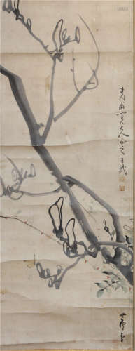 A CHINESE SCROLL PAINTING OF FLOWER SINGED BY WANG WU INK ON PAPER